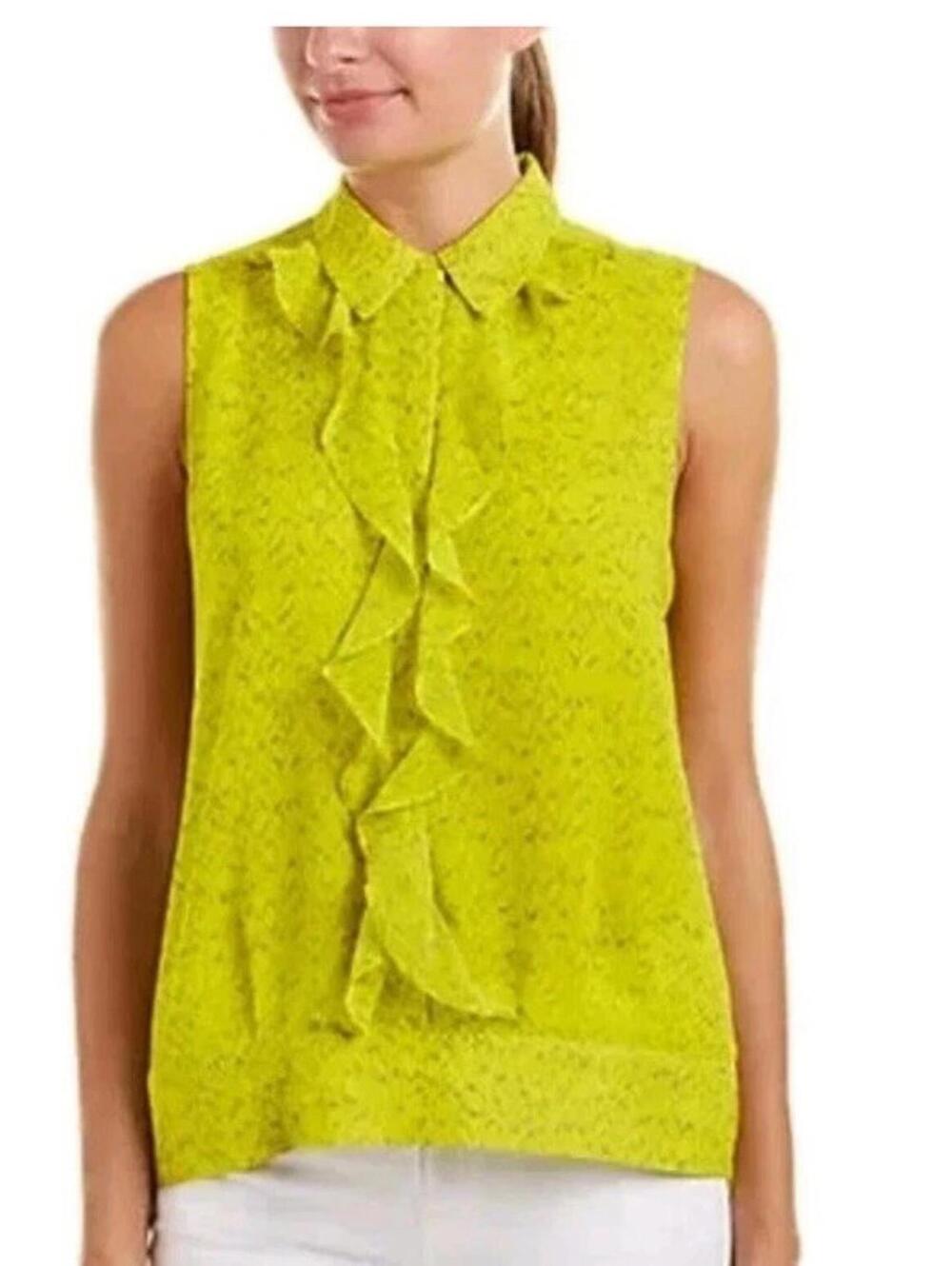 Cabi Womens Reign Blouse Size X-Small Charteuse Yellow Collared Ruffle Top. Work